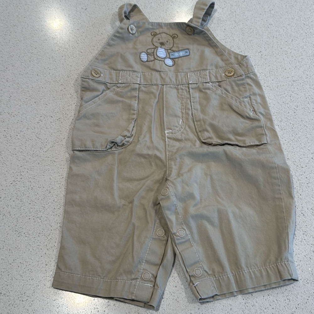 Carter's Tan Overalls with Bear Patch khaki, and baby blue size 3 months